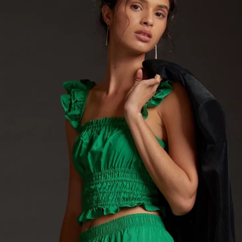 Maeve Smocked Taffeta Green Tank Top XS